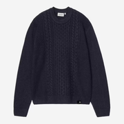 Pull Caster bleu marine Carhartt WIP à plat, torsades Aran de face et Flag Label en bas