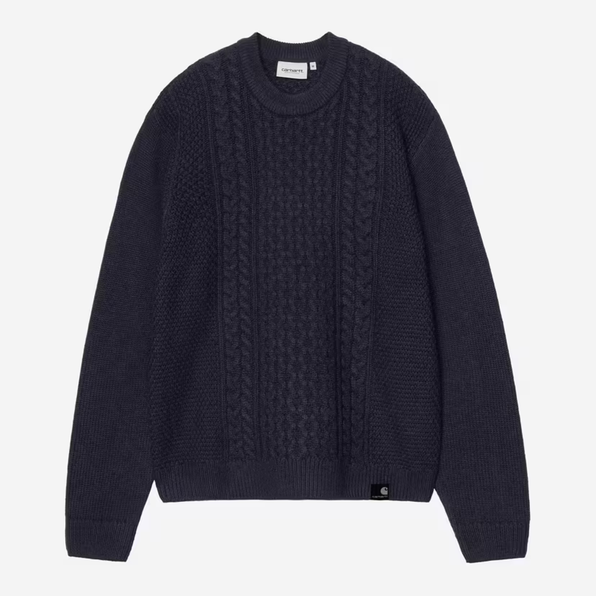 Pull Caster bleu marine Carhartt WIP à plat, torsades Aran de face et Flag Label en bas