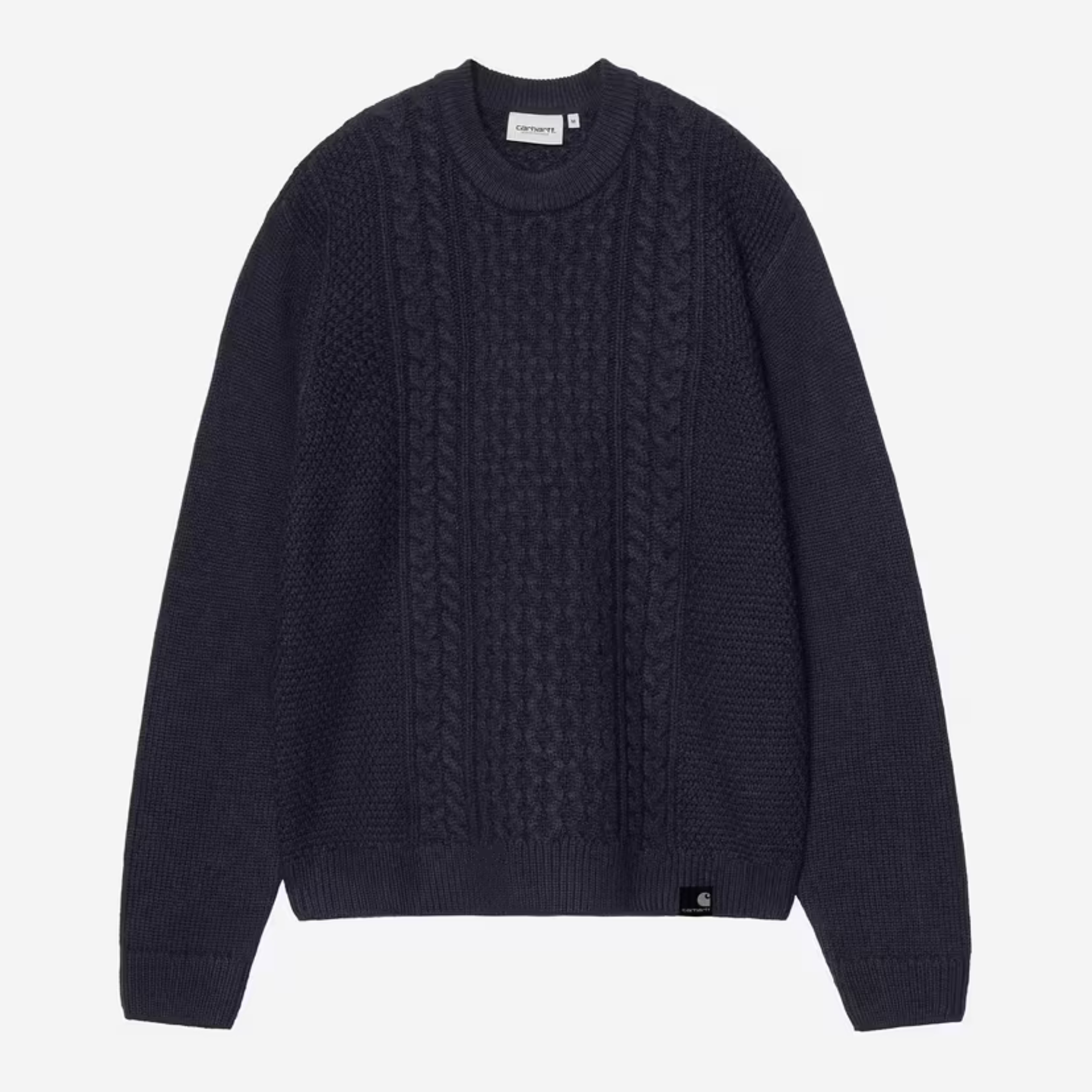 Pull Caster bleu marine Carhartt WIP à plat, torsades Aran de face et Flag Label en bas