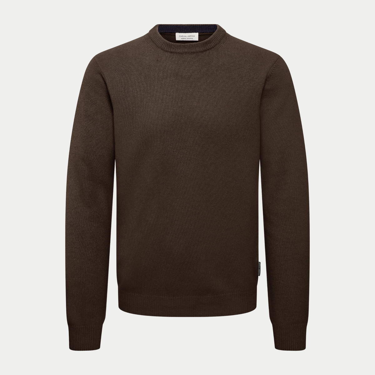 Pull col rond Casual Friday brun foncé Demitasse Melange à plat, encolure doublée bleu marine