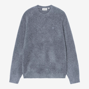 Pull Curtis Carhartt WIP bleu gris chiné, vue de face à plat, logo C brodé ton sur ton sur la poitrine