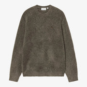 Pull Curtis Tangled Shungite à plat, maille duveteuse brun-olive chinée et petit logo C brodé brun foncé