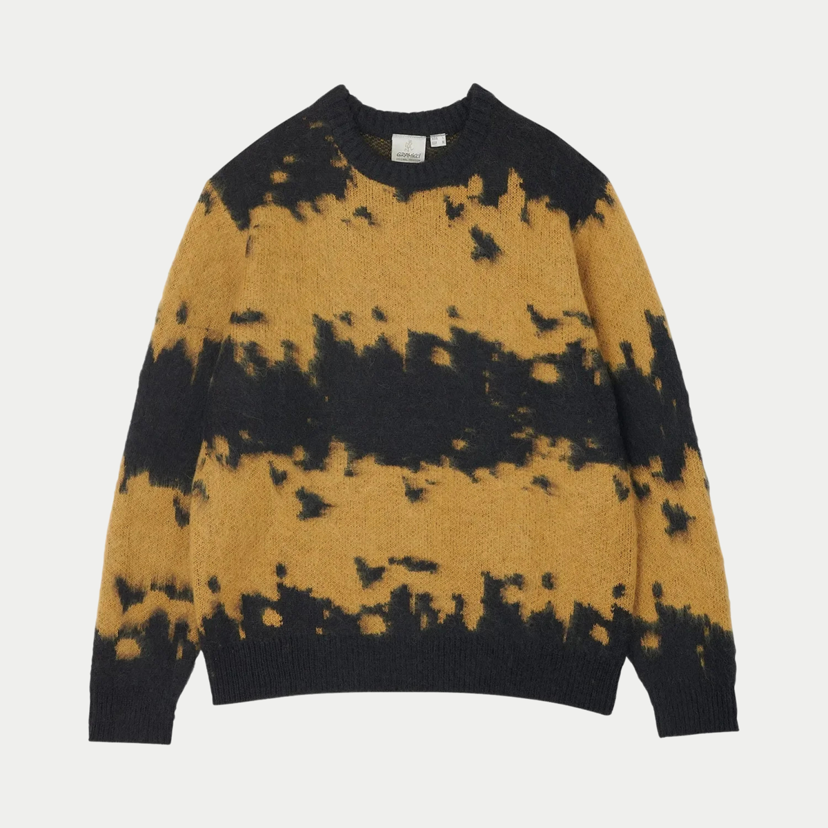 Pull en mohair Gramicci safran à grandes éclaboussures noires, col rond, coupe ample, vue de face à plat