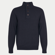 Pull Barbour Essential Patch bleu marine, col montant à demi-zip et patte à quatre boutons, vue de face à plat