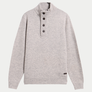 Pull Barbour Essential Patch gris clair chiné Light Grey Marl, col montant à demi-zip et patte boutonnée, vue de face à plat