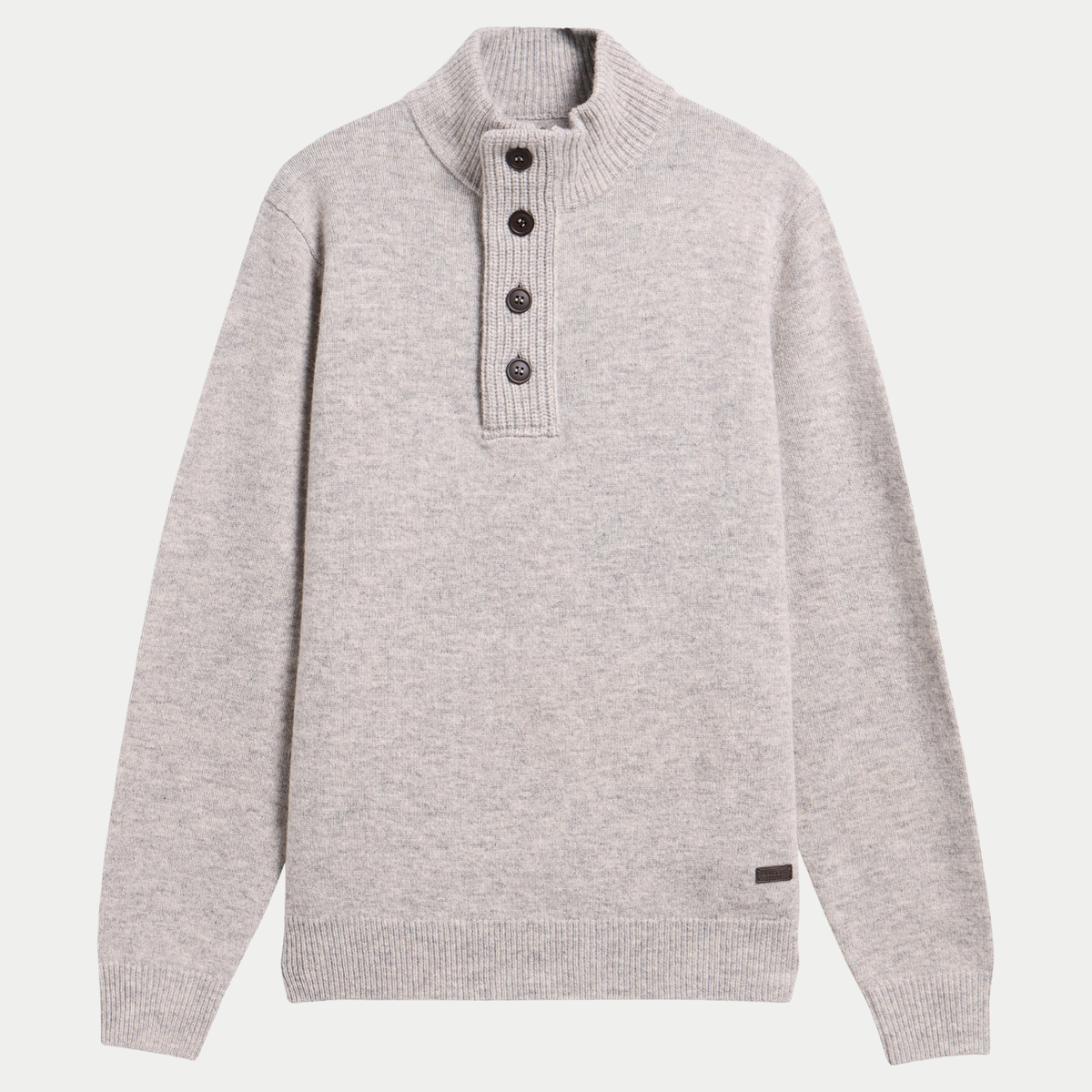 Pull Barbour Essential Patch gris clair chiné Light Grey Marl, col montant à demi-zip et patte boutonnée, vue de face à plat