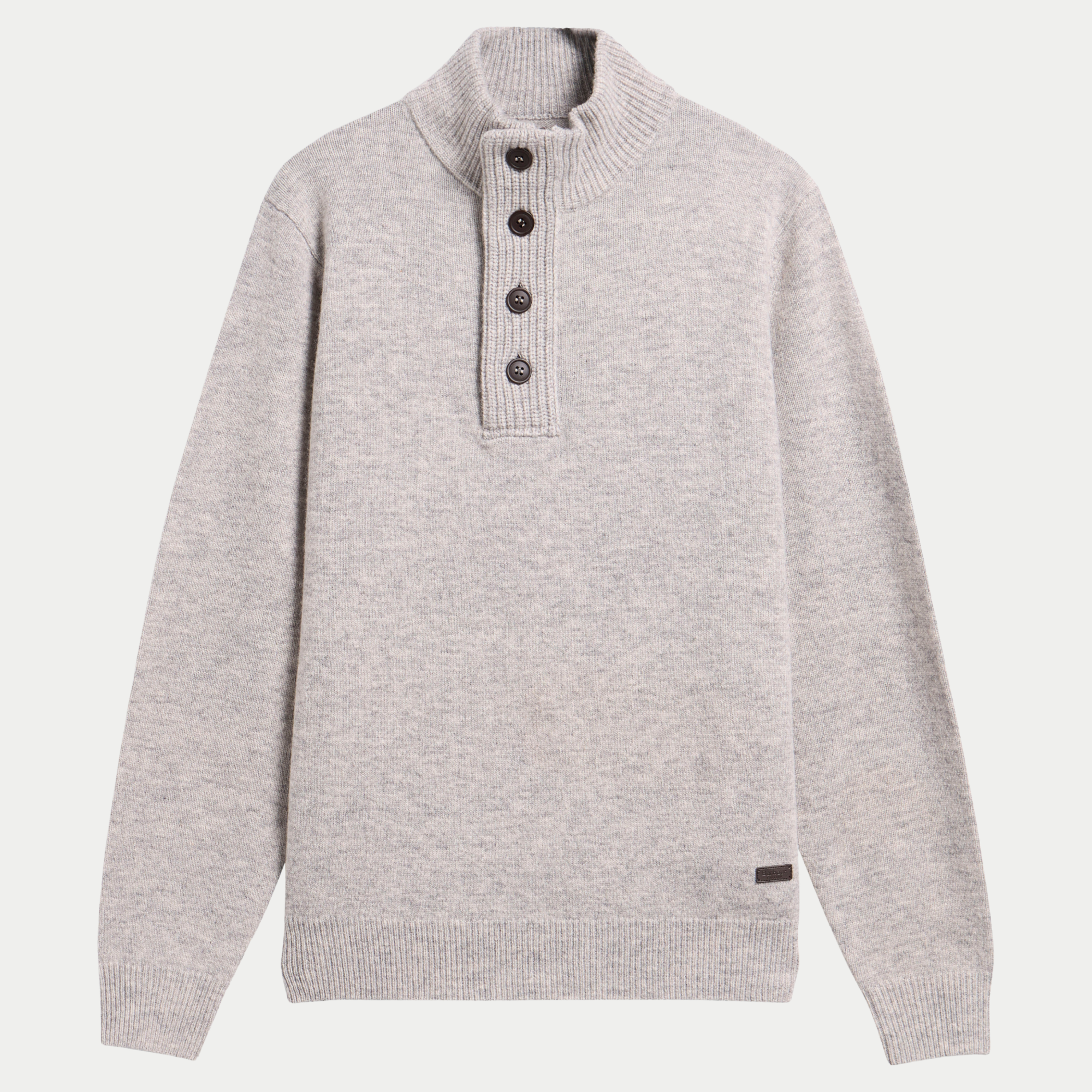 Pull Barbour Essential Patch gris clair chiné Light Grey Marl, col montant à demi-zip et patte boutonnée, vue de face à plat