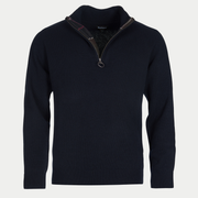 Pull Barbour Holden bleu marine, col montant zippé et doublure de col en tartan, vue de face à plat