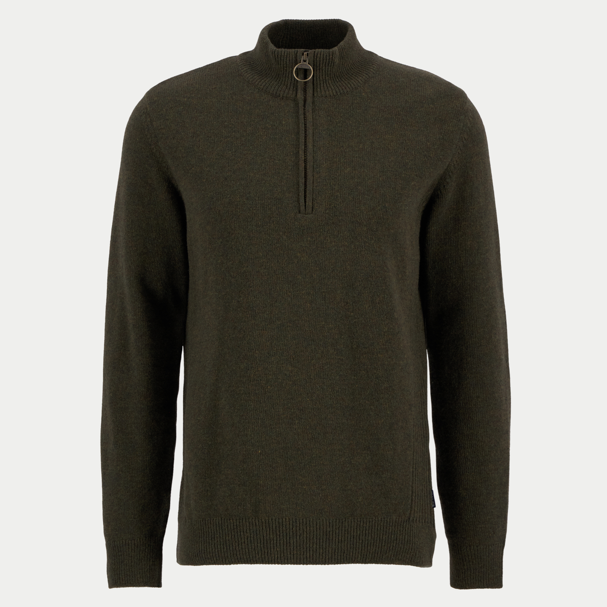 Pull Barbour Holden olive chiné Olive Marl, col montant zippé à anneau laiton, vue de face à plat