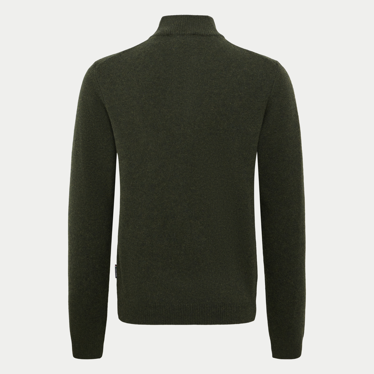 Dos du pull half zip vert kaki à plat, épaules raglan et étiquette tissée sur le côté
