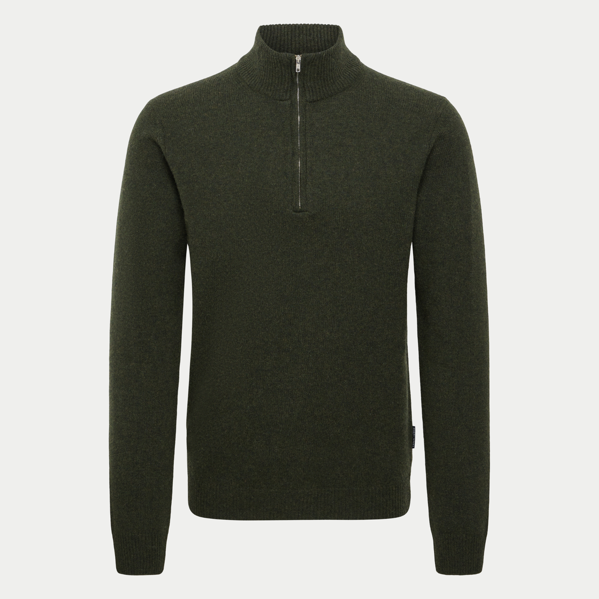 Pull half zip Casual Friday vert kaki foncé, vue de face, col montant zippé en lambswool