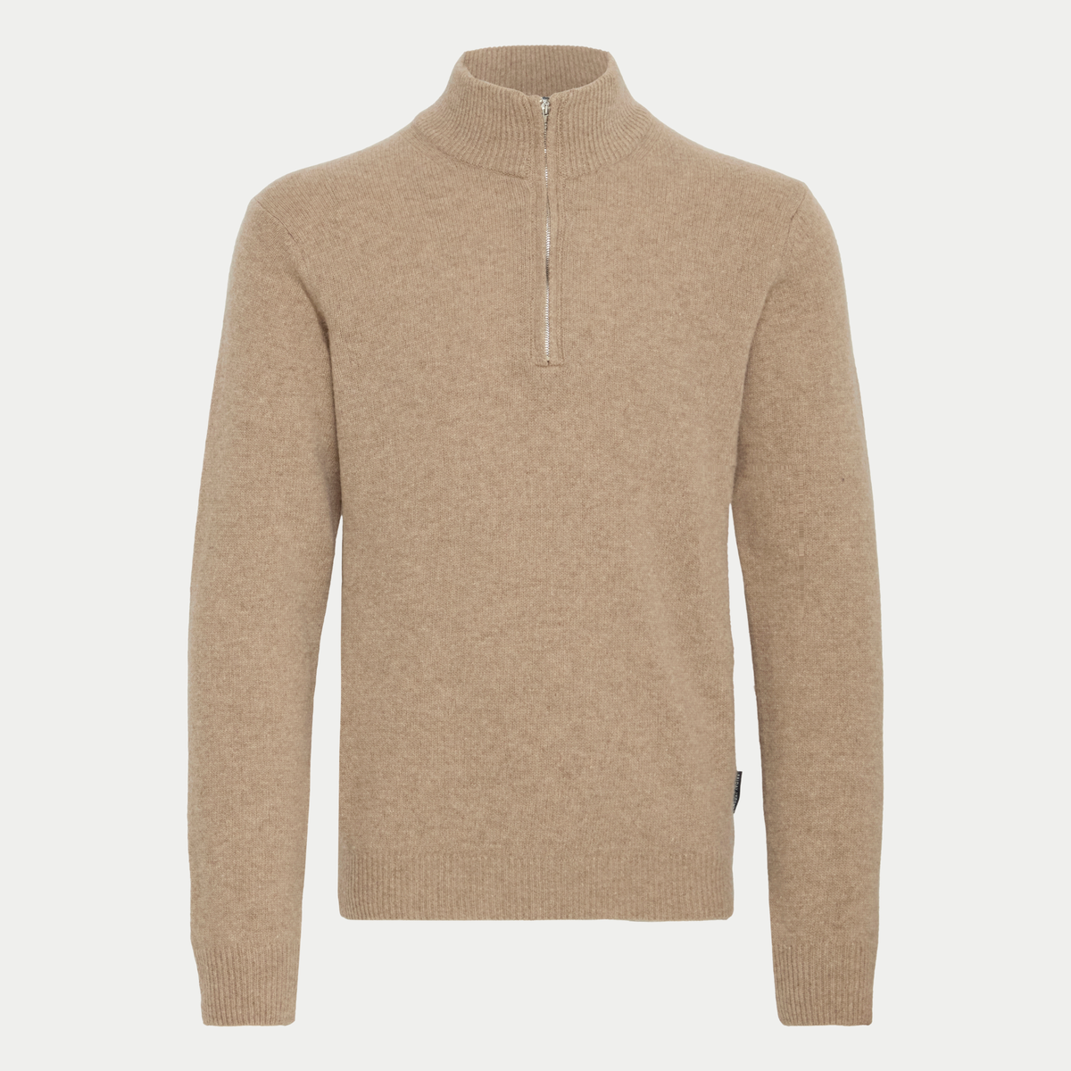 Pull half zip Casual Friday marron clair Silver Mink, vue de face, col montant zippé