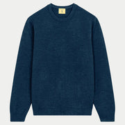 Pull Youri en laine bleu jean chiné à plat, col rond côtelé et maille laine au point de riz