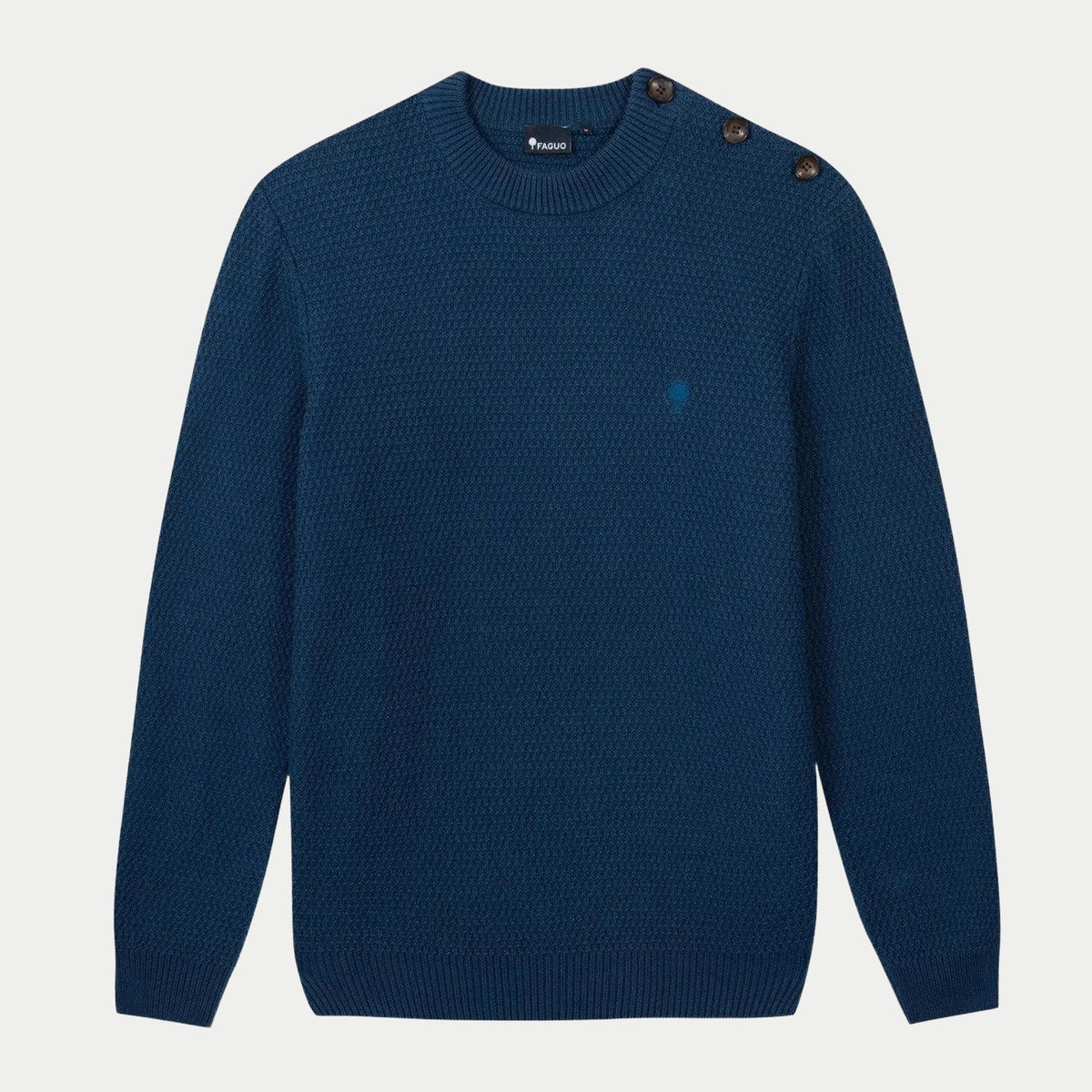 Pull Lucio bleu marine à plat, maille texturée et trois boutons sur l'épaule