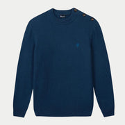 Pull Lucio bleu marine à plat, maille texturée et trois boutons sur l'épaule