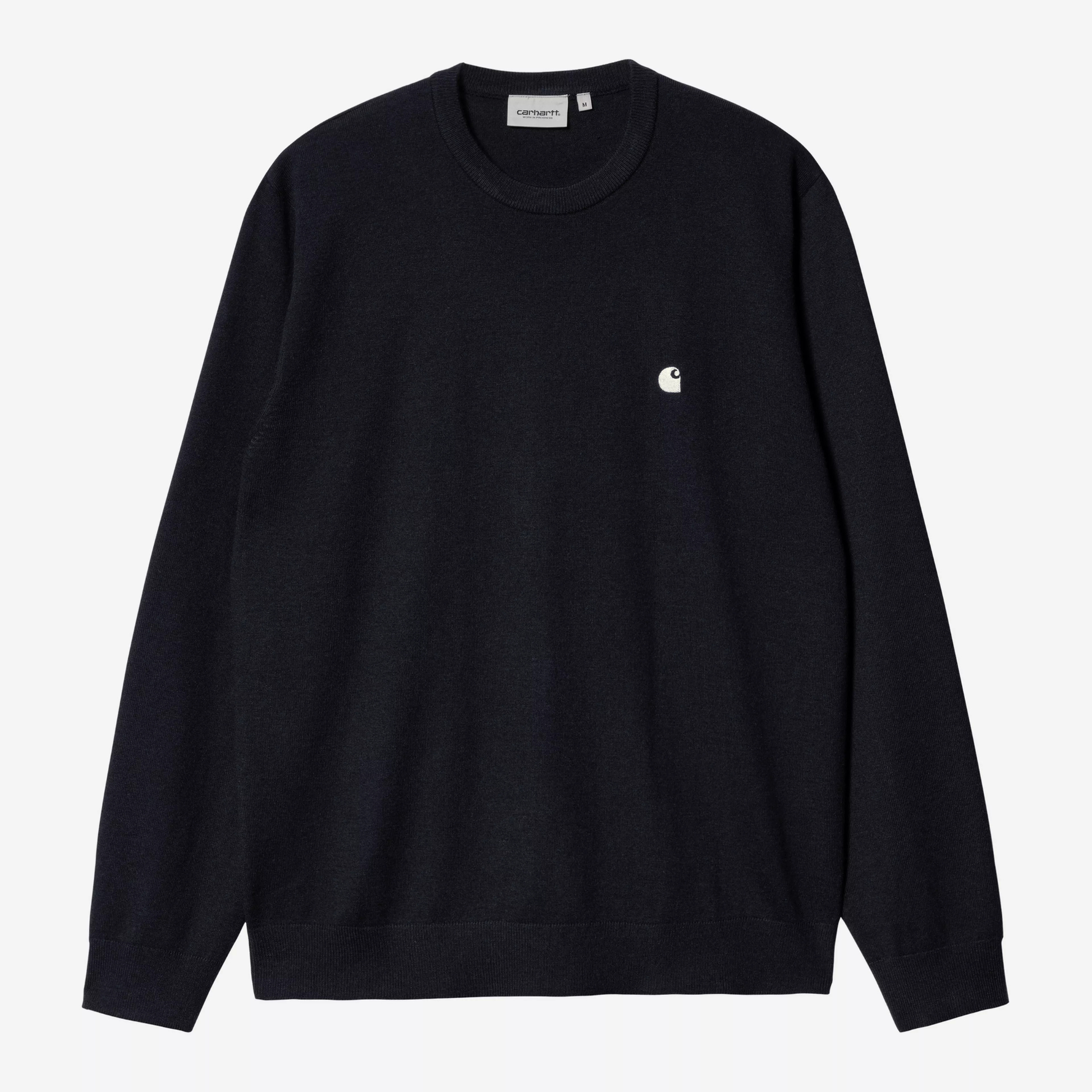 Pull Madison Carhartt WIP bleu marine, col rond côtelé et logo C brodé écru, vue de face à plat