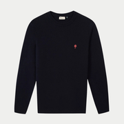 Pull Marly Laine Bleu Marine Faguo à plat de face, maille jersey fine et arbre brodé rouge sur la poitrine