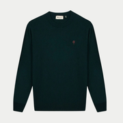 Pull Marly Laine Vert Foncé Faguo à plat de face, maille jersey fine et broderie arbre bordeaux sur la poitrine