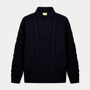 Pull Ohannes en laine Bleu Marine à plat, torsades verticales type aran et col montant côtelé