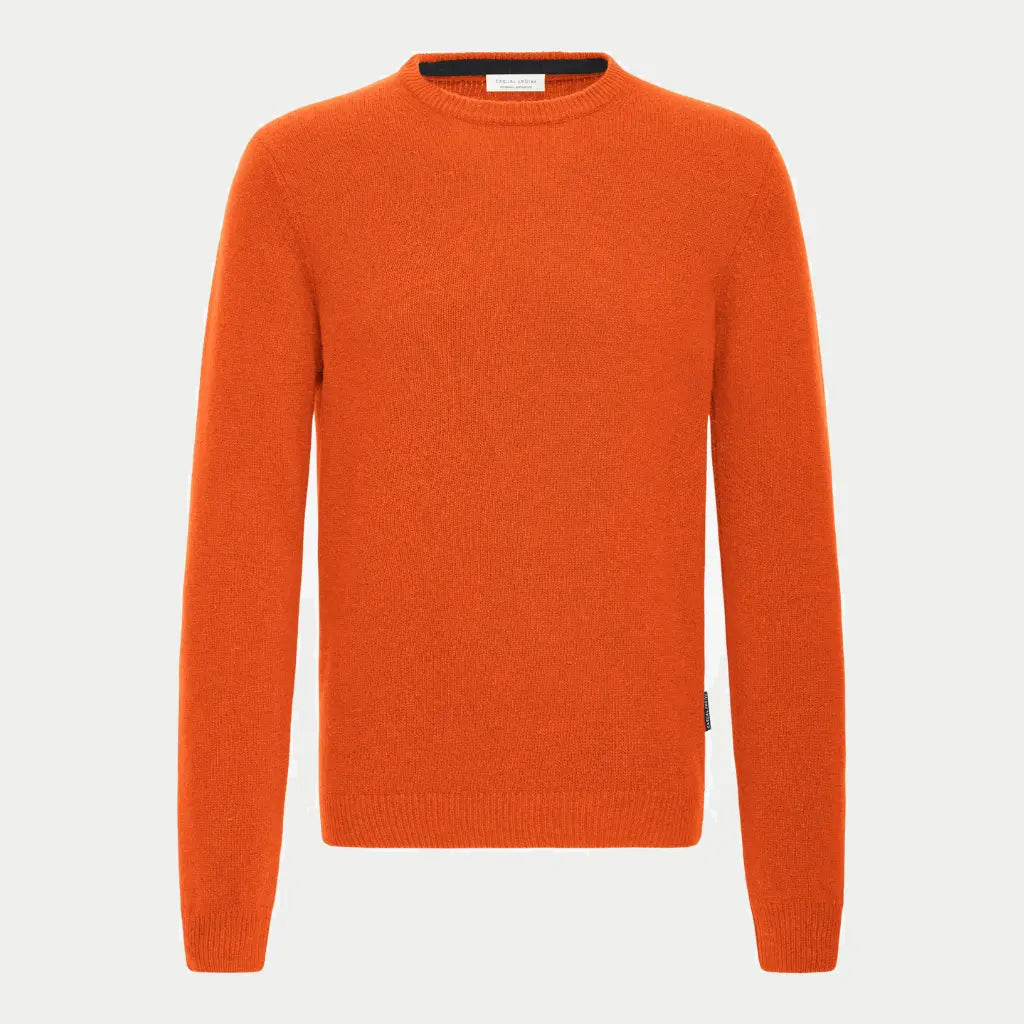 Pull col rond orange brûlé Burnt Ochre en maille laineuse, vue de face, poignets côtelés