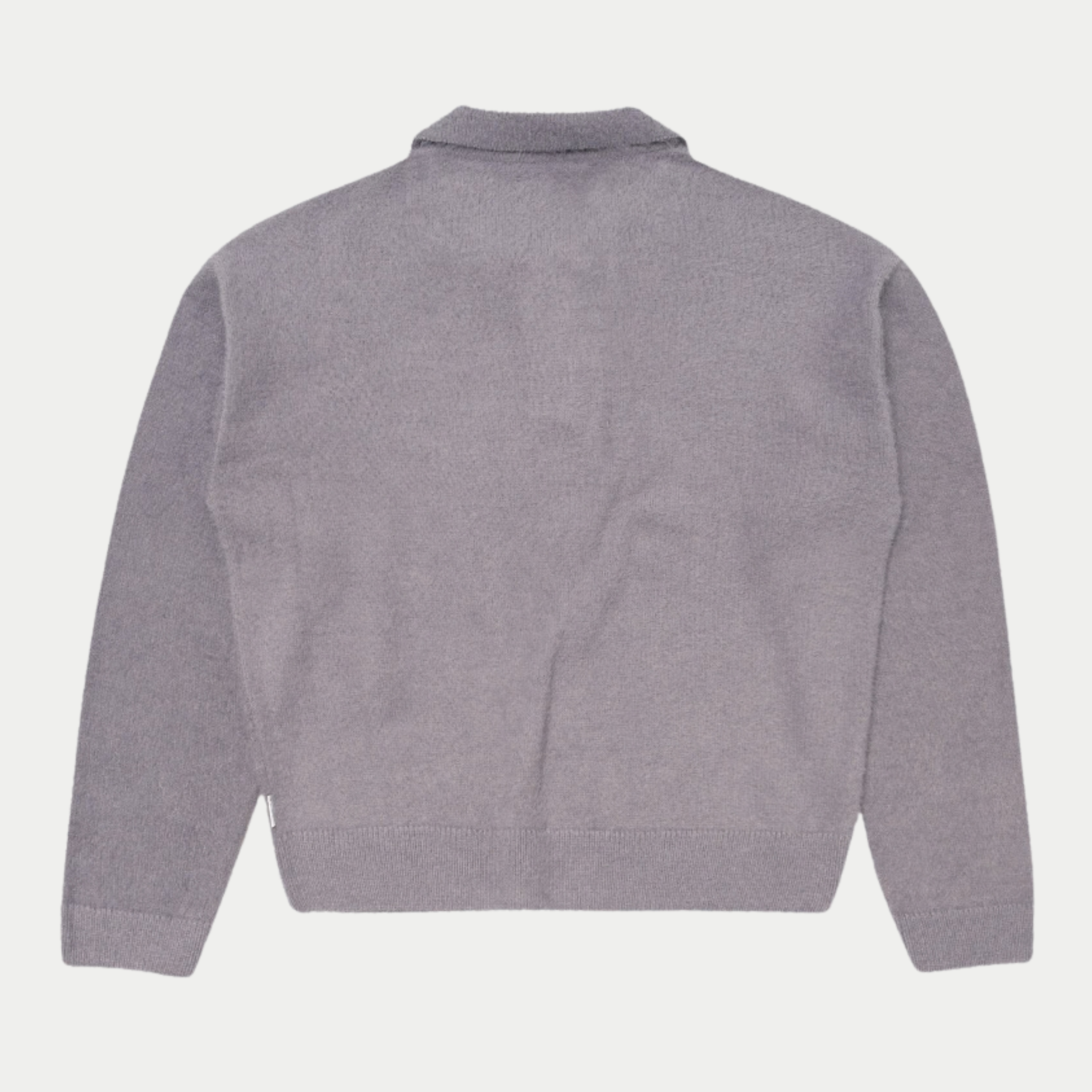 Pull polo Dex Edwin mauve grisé vu à plat de dos, maille brossée unie et base côtelée