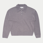 Pull polo Dex Edwin en maille brossée mauve grisé, vue à plat de face, patte trois boutons