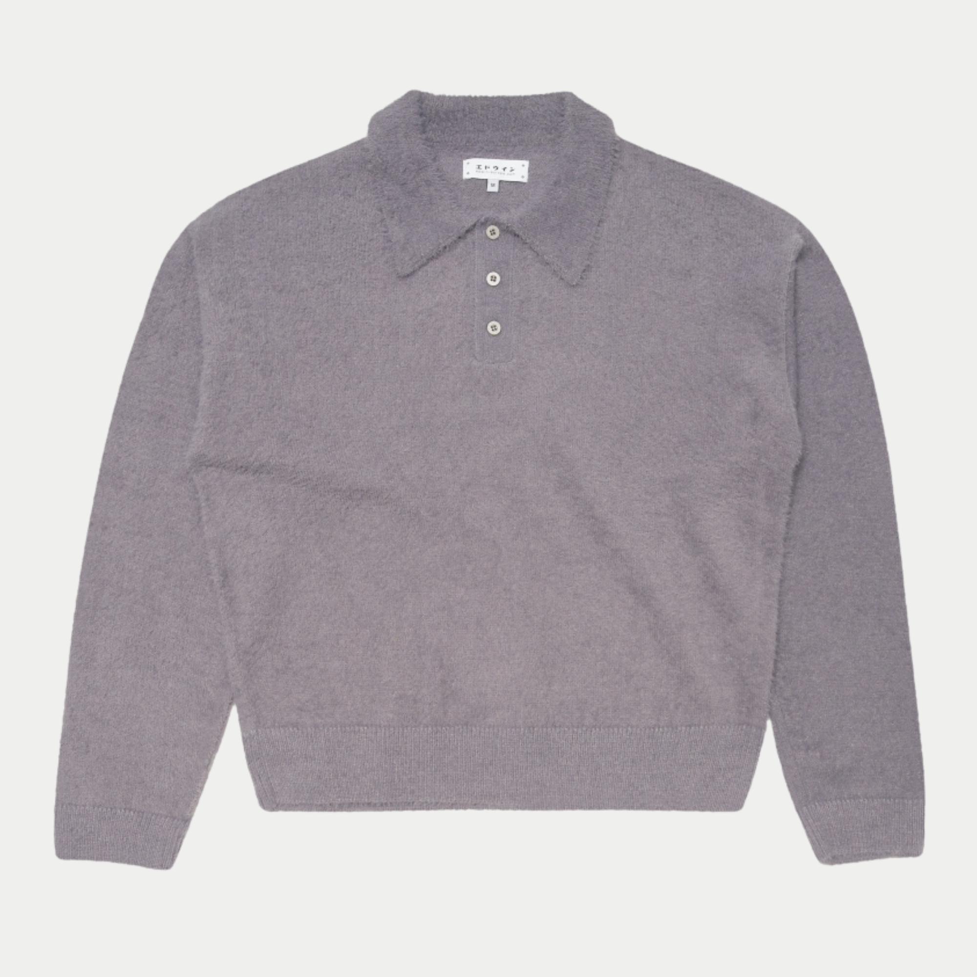 Pull polo Dex Edwin en maille brossée mauve grisé, vue à plat de face, patte trois boutons