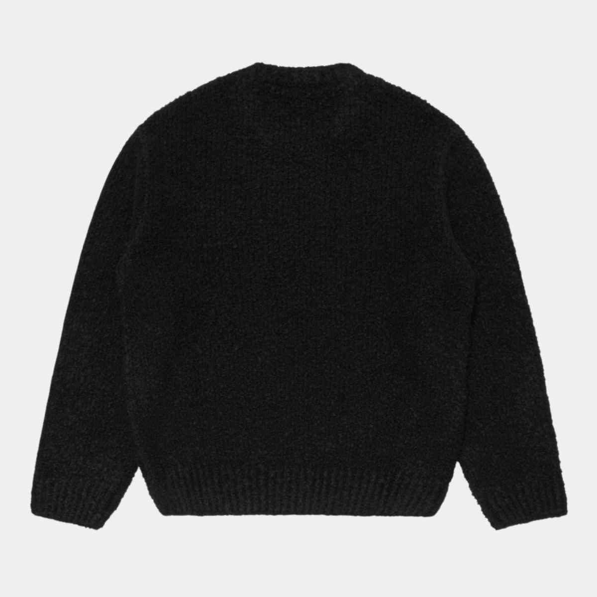 Pull Dun Edwin noir vu de dos à plat, dos uni en maille bouclette et bord-côte inférieur