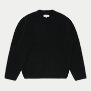 Pull Dun Edwin noir en maille bouclette, vue de face à plat, encolure ronde bordée et bas de corps côtelé