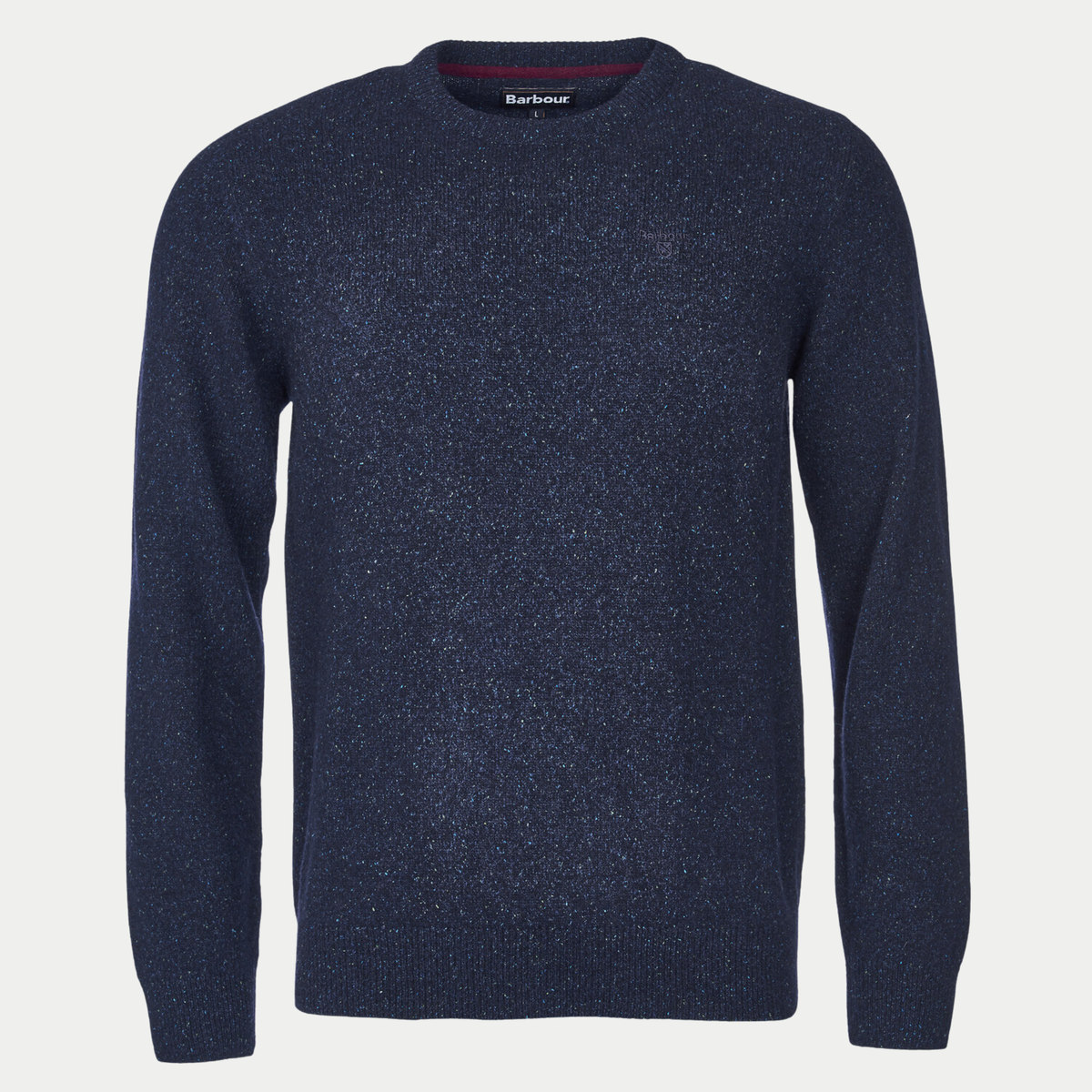 Pull Barbour Tisbury bleu marine en fil tweed flammé de nepps blancs, col rond, vue de face à plat