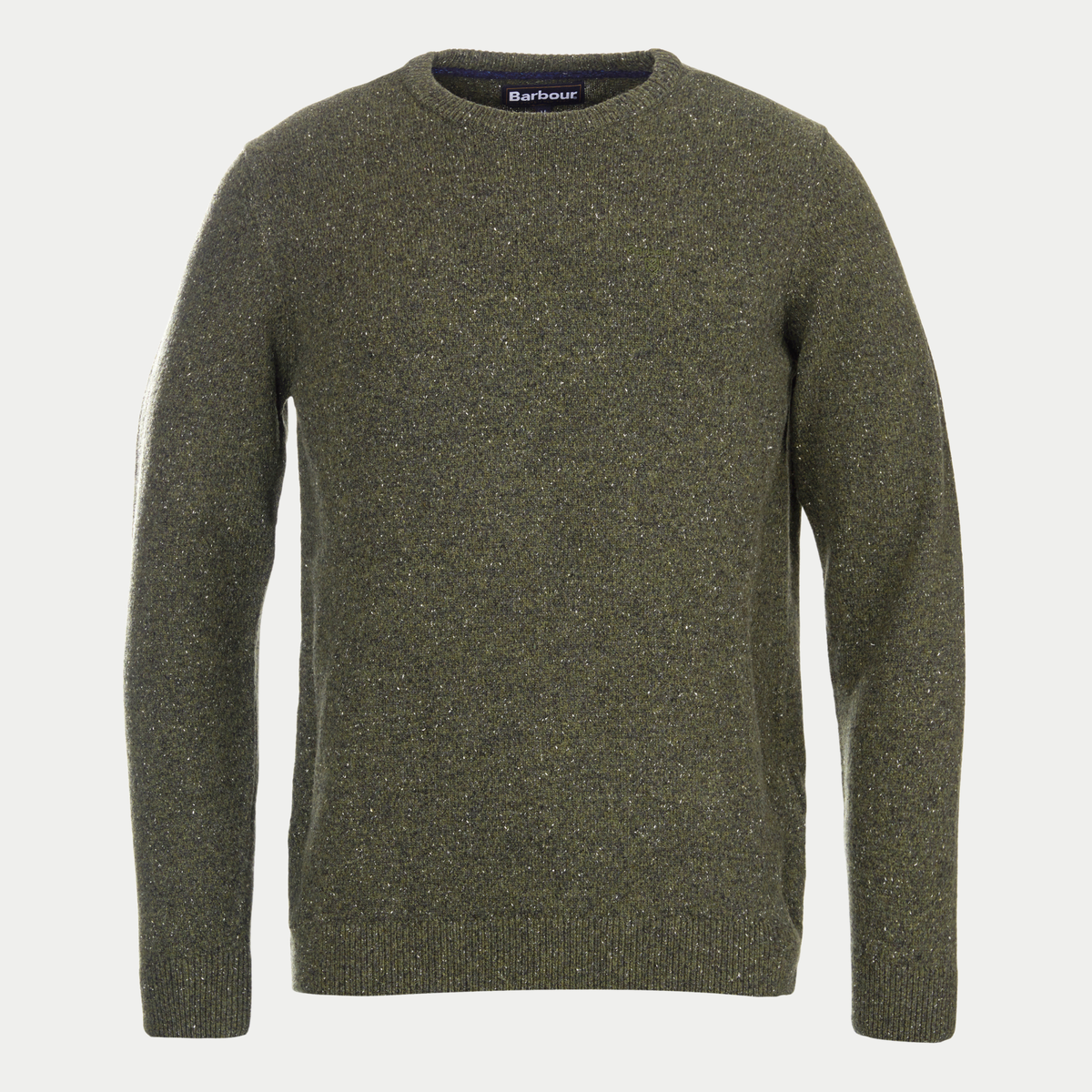 Pull Barbour Tisbury olive Dark Seaweed en fil tweed flammé, col rond, vue de face à plat