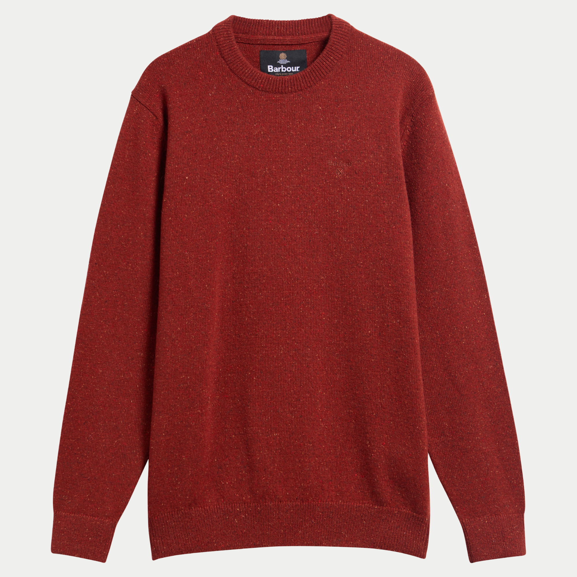 Pull Barbour Tisbury rouge brique Russet en fil tweed flammé, col rond, vue de face à plat