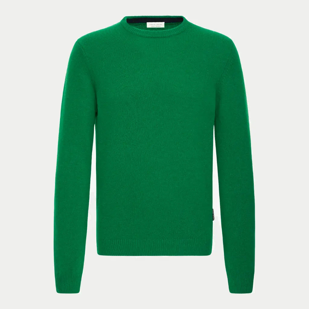 Pull col rond vert gazon Fairway en maille laineuse, vue de face, poignets et bas côtelés