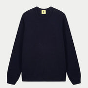 Pull Youri en laine Bleu Marine à plat, col rond côtelé, maille laine mate au point de riz
