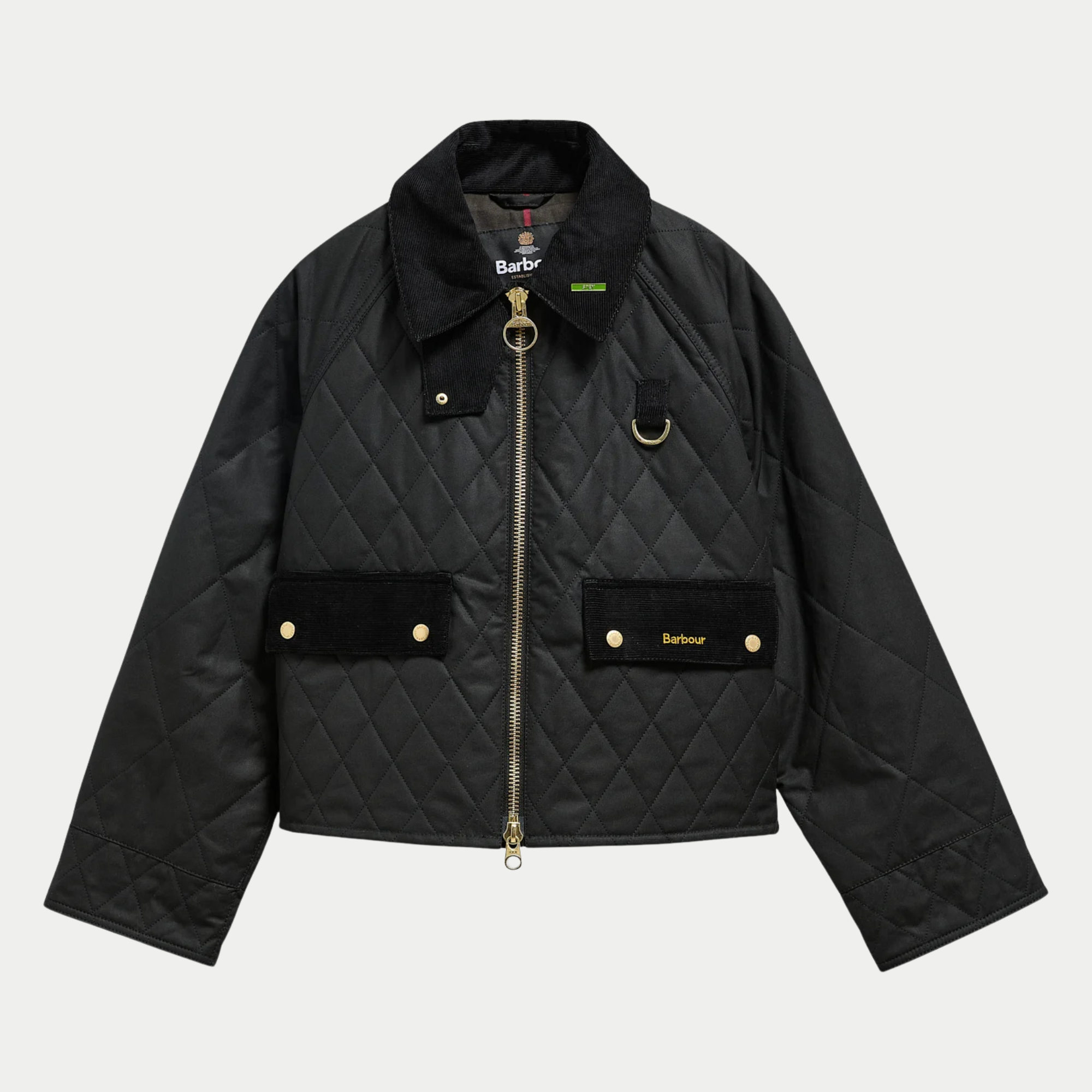 Veste matelassée cirée Icons Spey noire à plat, losanges, col velours côtelé, zip et anneau en D laiton
