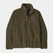 Veste polaire Retro Pile Patagonia vert olive à plat, col montant, poche poitrine zippée et tirettes cordon orange