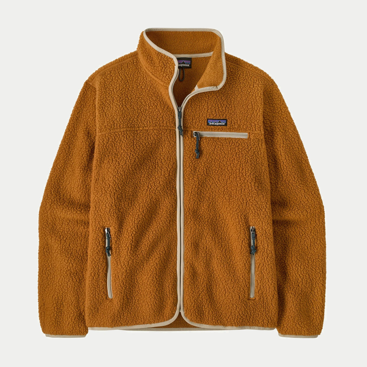 Veste polaire Retro Pile Cinnamon Brown Patagonia à plat de face, zip et liserés crème, tirettes cordon bleu pétrole