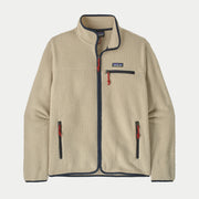 Veste polaire Retro Pile Pelican Patagonia à plat de face, sherpa écru bordé de bleu marine, tirettes rouges
