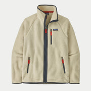 Retro Pile Jacket Pelican à plat, bordures et zip bleu ardoise avec tirettes rouges contrastées