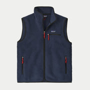 Gilet polaire Retro Pile New Navy Patagonia à plat de face, sherpa bleu marine bordé de noir, tirettes rouges