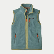 Retro Pile Vest Blue Sage : sherpa bleu-vert grisé, bordures vert clair et tirettes orange
