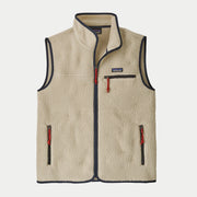 Gilet polaire Retro Pile Pelican Patagonia à plat de face, sherpa écru bordé de bleu marine, zip apparent et tirettes rouges