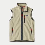 Gilet polaire Retro Pile Pelican Patagonia à plat, écru à biais bleu ardoise et tirettes rouges, zip intégral