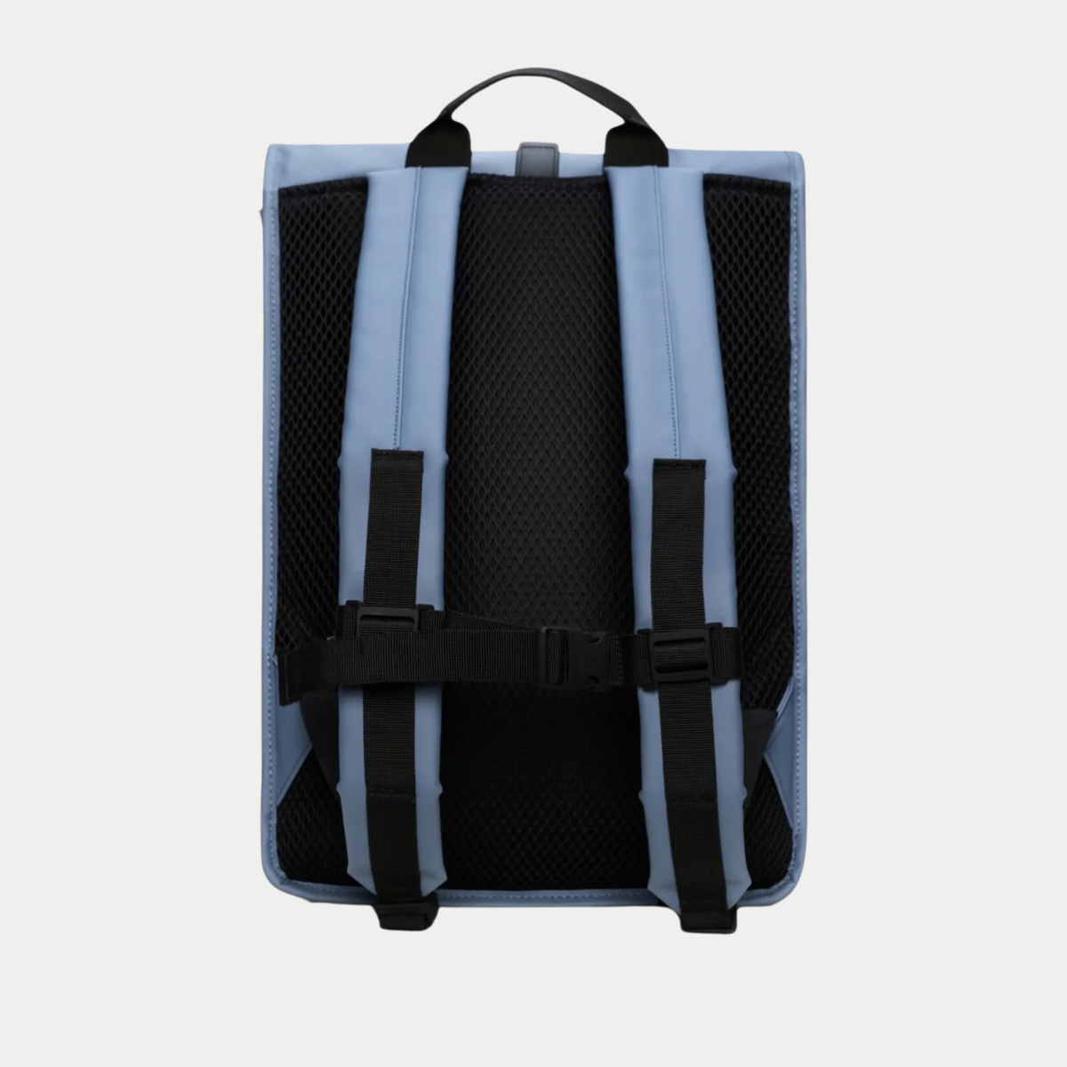 Sac à dos Rolltop Rucksack Blue Dusk Rains - dos, panneau air-mesh noir, bretelles bleu-gris et sangle de poitrine