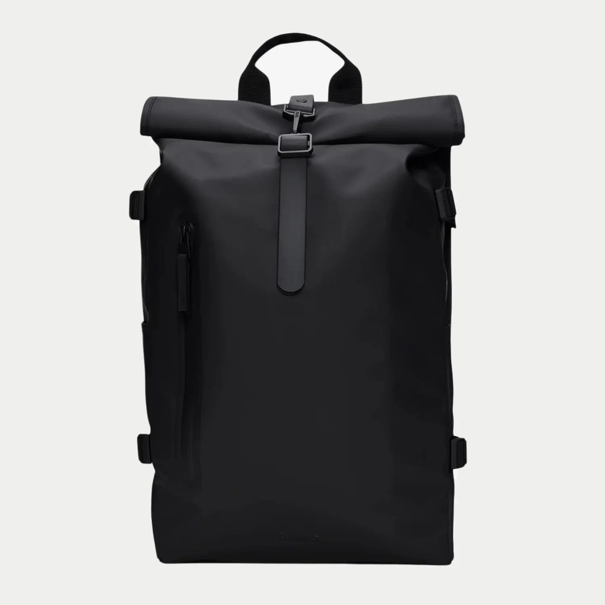 Rolltop Rucksack Large noir de face, rabat roulé, zip latéral et quatre boucles de compression