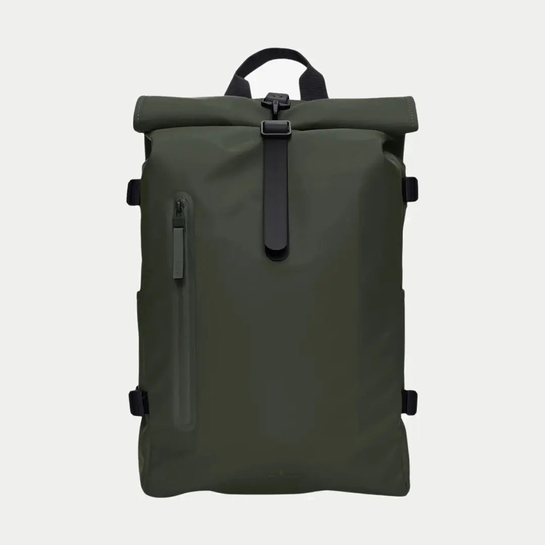 Rolltop Rucksack Large vert kaki de face, zip vertical et quatre boucles de compression noires