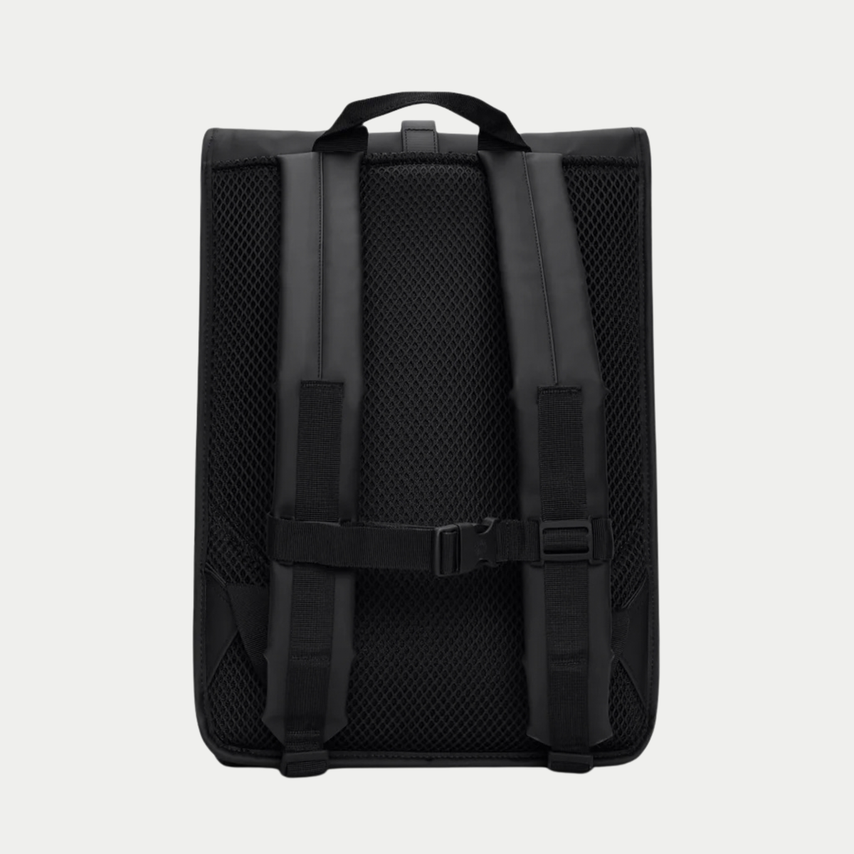 Sac à dos Rolltop Rucksack Noir Rains - dos, panneau air-mesh, bretelles et sangle de poitrine