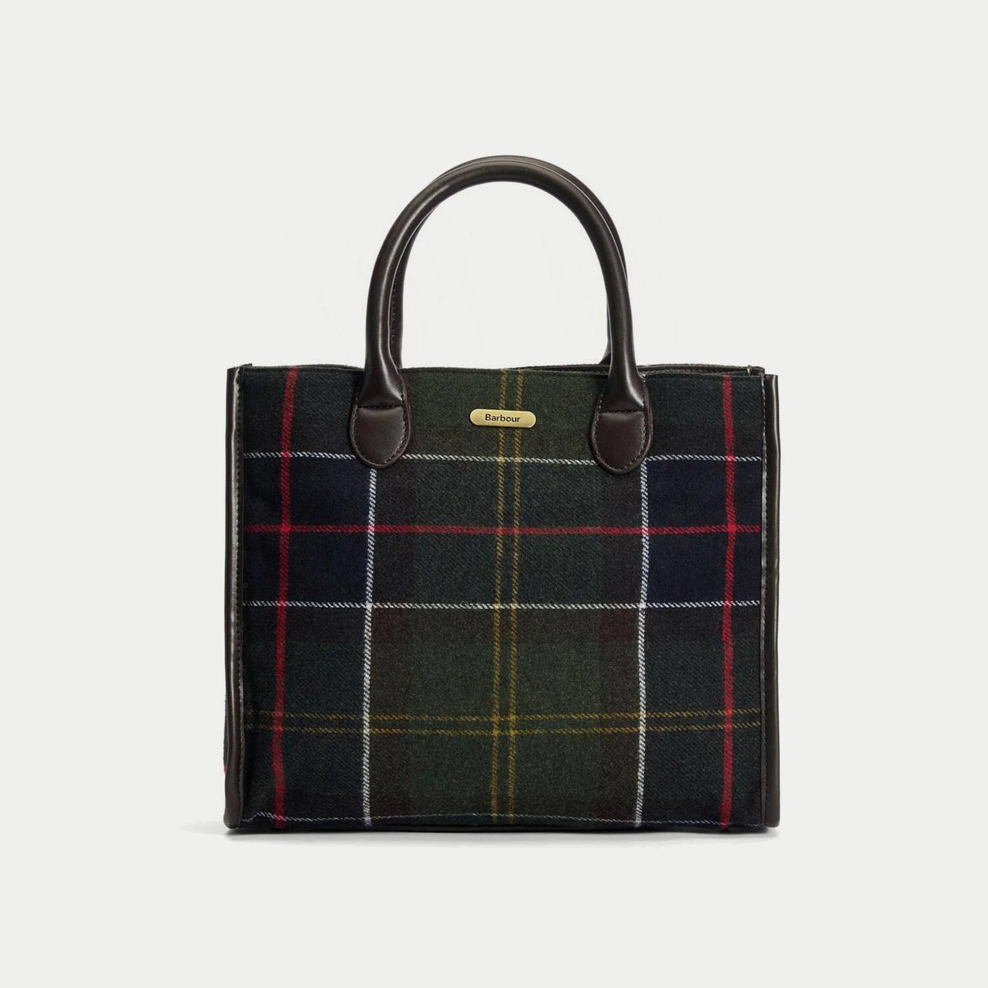 Tote bag Barrhill tartan olive vu de face en cadrage large, corps qui tient debout et flancs bordés de similicuir brun