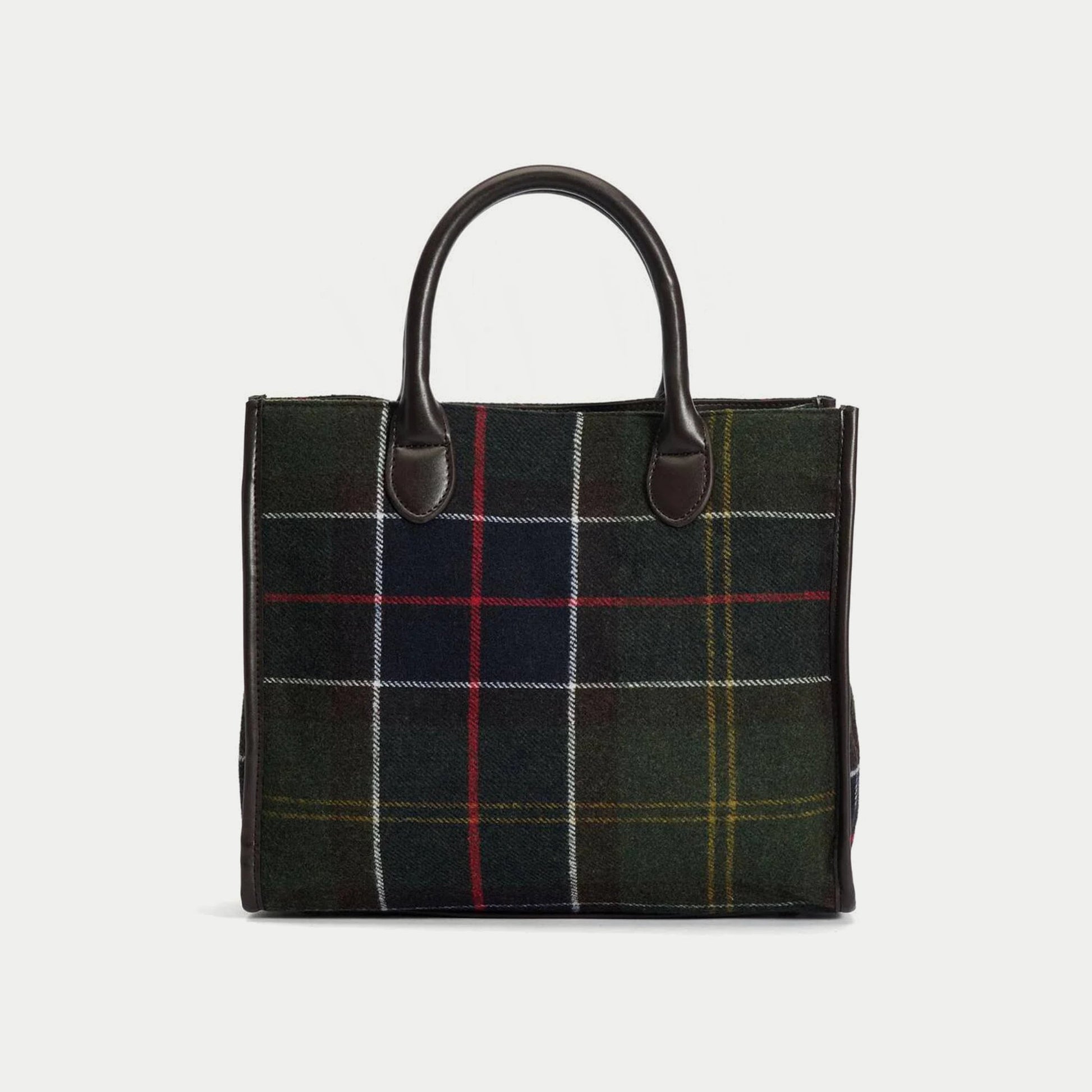 Dos du tote bag Barrhill Barbour en tartan olive, sans plaque logo, attaches d’anses surpiquées en similicuir