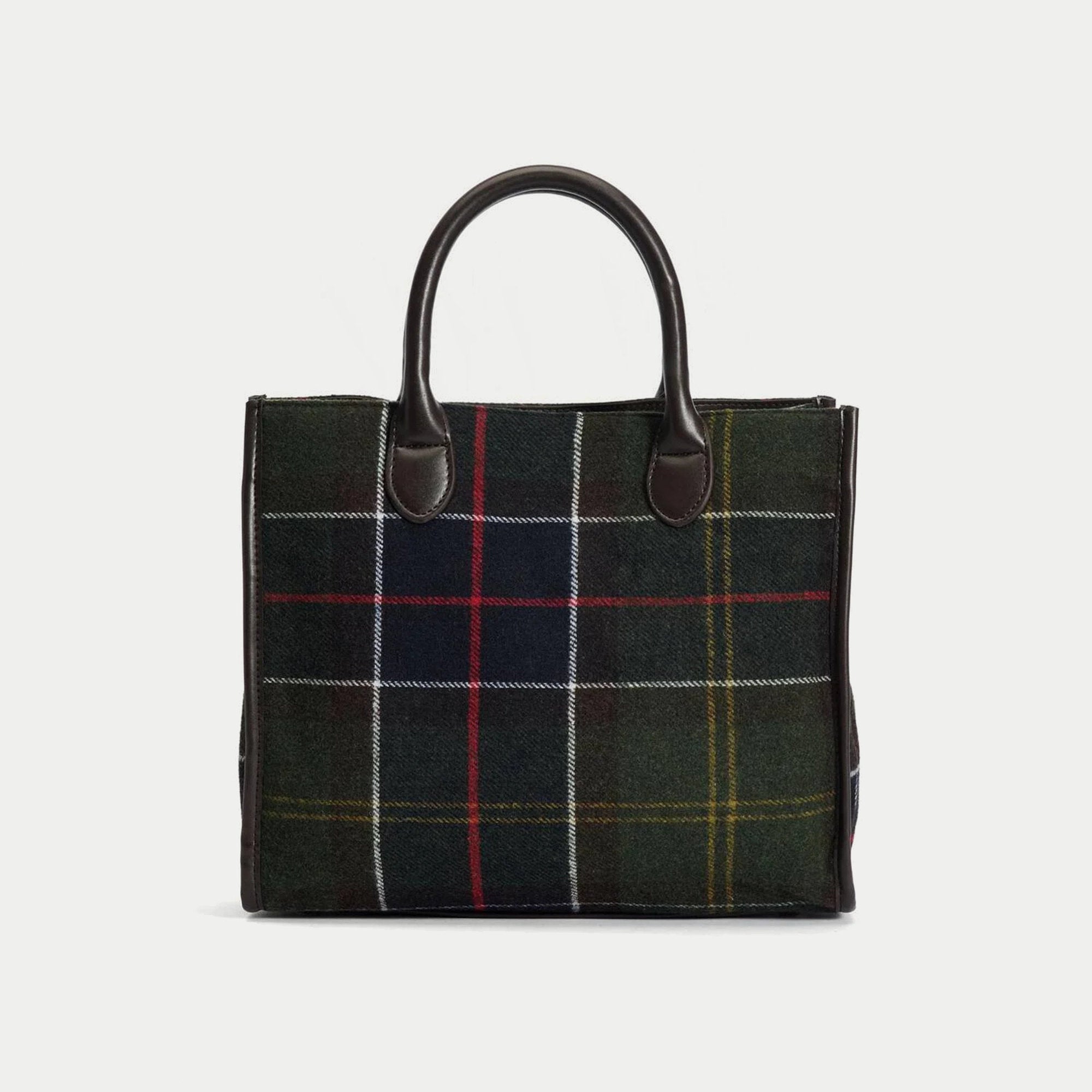 Dos du tote bag Barrhill Barbour en tartan olive, sans plaque logo, attaches d’anses surpiquées en similicuir